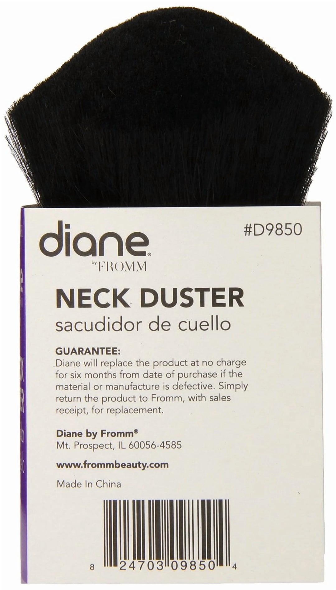 A black hair styling brush with a white cardboard backing card labeled 'diane FROMM NECK DUSTER' and product code #D9850.