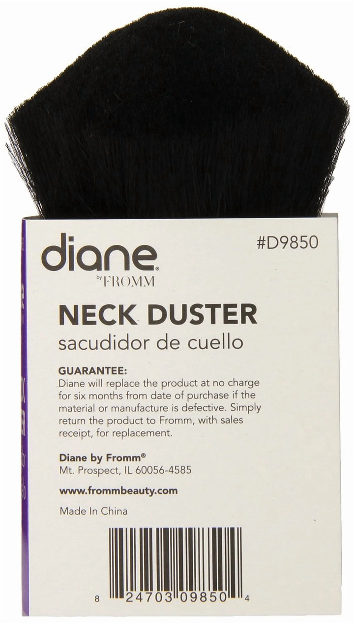A black hair styling brush with a white cardboard backing card labeled 'diane FROMM NECK DUSTER' and product code #D9850.