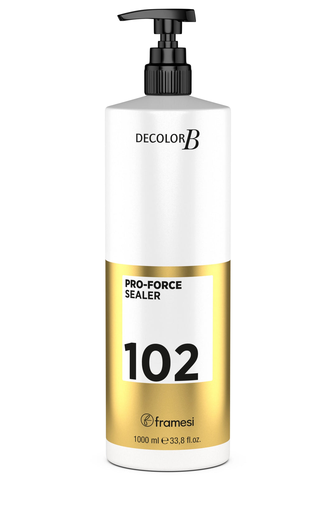 Bottle of Decolor B Pro-Force Sealer 102 with pump on a white background
