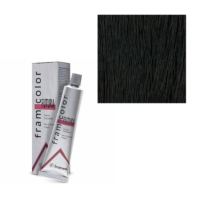 A tube and box of fram color hair dye shown on a white background, alongside a square color swatch displaying very dark black hair strands.