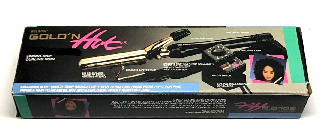 Belleville Gold 'N Hot spring-cast curling iron retail box, featuring a black and gold design with pink script logo and product photo on the front.