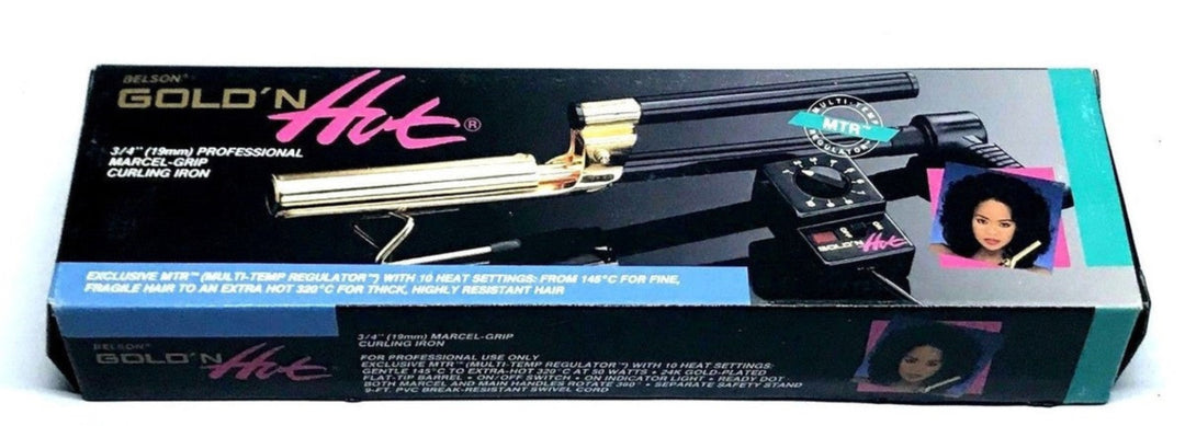 Bella 2000 Gold 'N Hot 1/4 inch iron professional curling iron in its original retail packaging, featuring a black box with gold, pink, and teal branding.