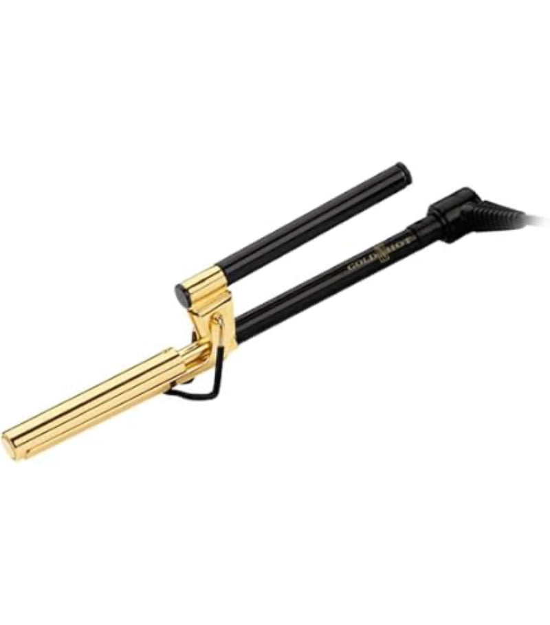 A gold and black hair curling iron shown diagonally on a plain white background.