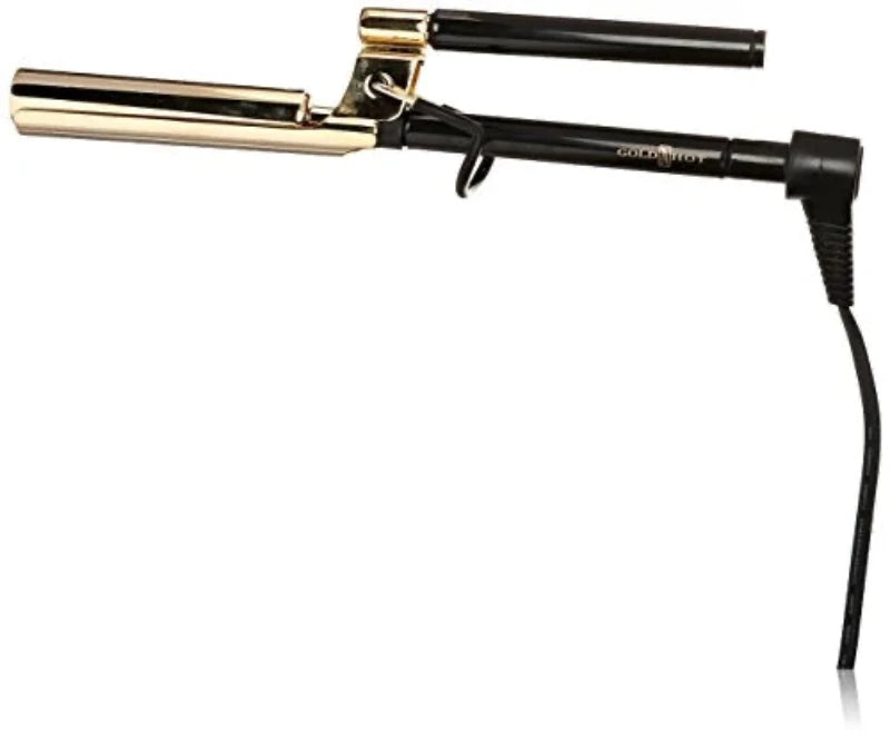 A black and gold flat iron curling iron with a black cord, shown against a plain white background.