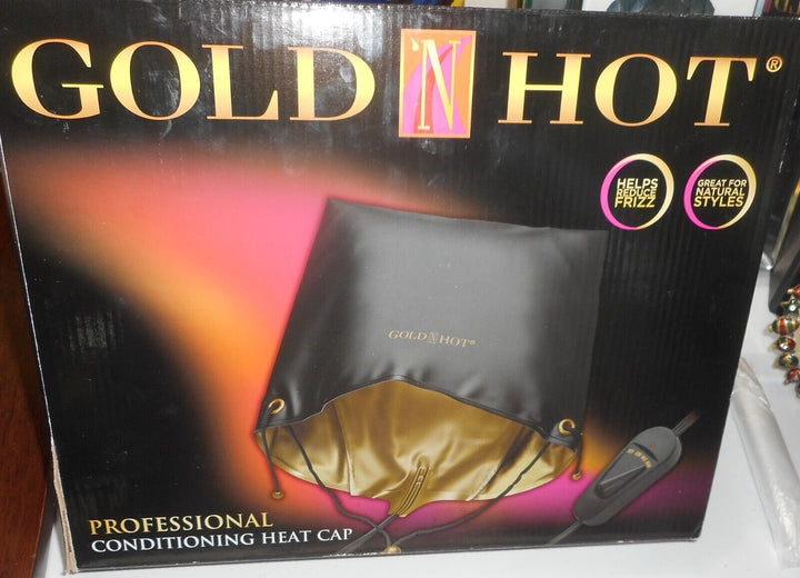 Gold Hot professional conditioning heat cap retail packaging box, showing the black and gold heat cap and power cord on a black background with gold branding.
