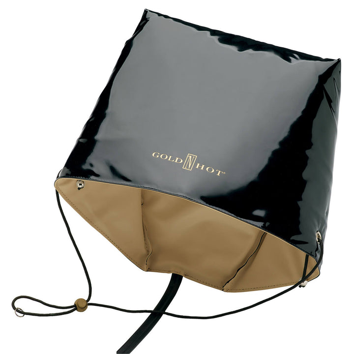 A Gold Hot insulated hot water bottle bag with a glossy black exterior and a tan interior, shown on a white background.