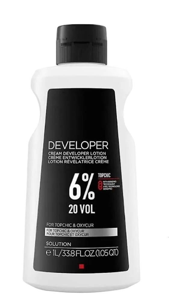 Goldwell Hair developer bottle with a floral scrunchie on a white background