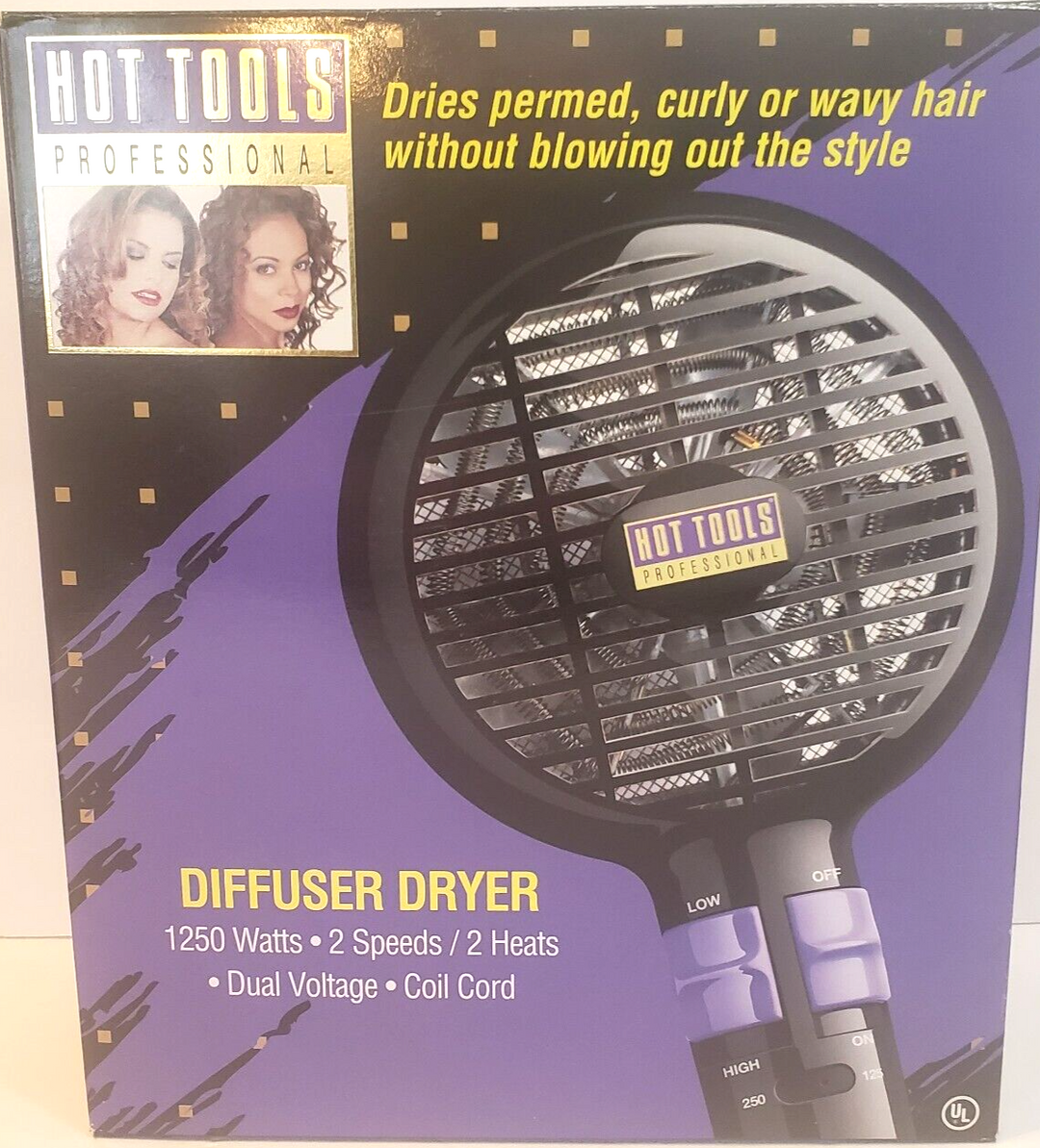 Hot Tools Professional Diffuser Dryer retail box, featuring a purple and black design with product imagery and specifications.