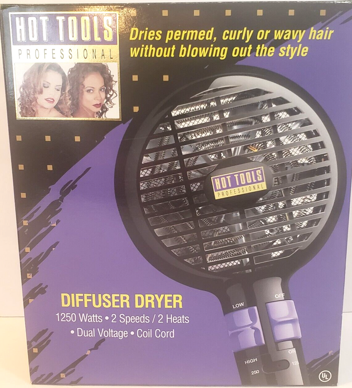 Hot Tools Professional Diffuser Dryer retail box, featuring a purple and black design with product imagery and specifications.