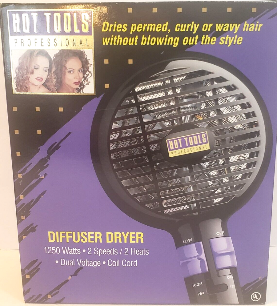 Hot Tools Professional Diffuser Dryer retail box, featuring a purple and black design with product imagery and specifications.