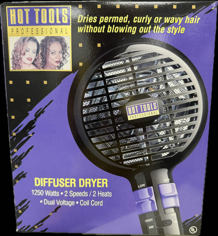 Hot Tools Professional Diffuser Dryer retail box, featuring a black diffuser head with a purple and black graphic design, yellow text, and a small model photo on the top left.