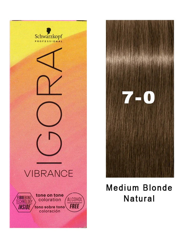 Schwarzkopf Igora hair color box with a sample of medium blonde hair on a white background