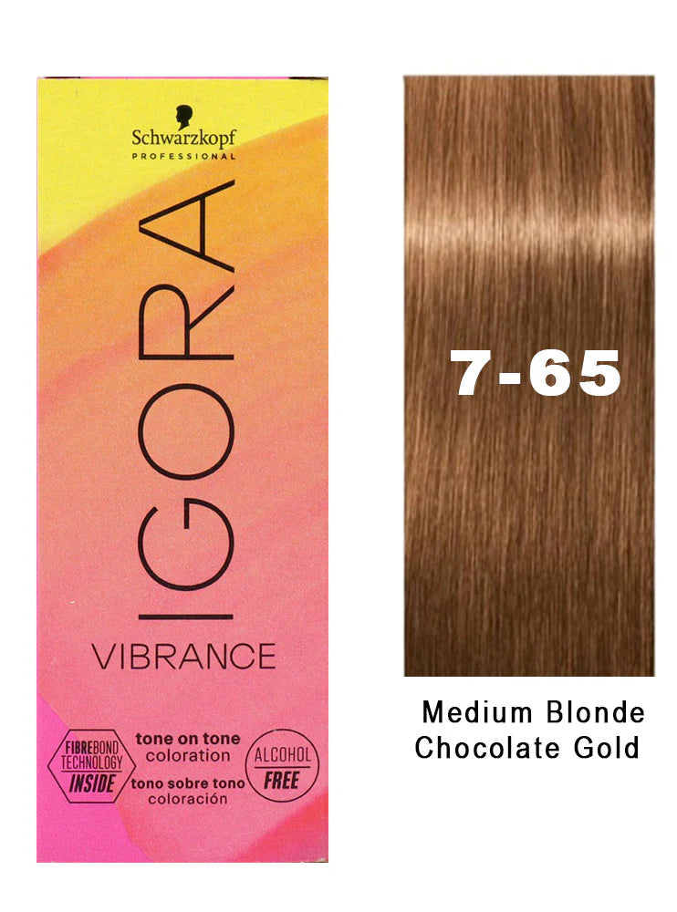 Schwarzkopf Igora hair color box with a swatch of medium blonde chocolate gold shade.