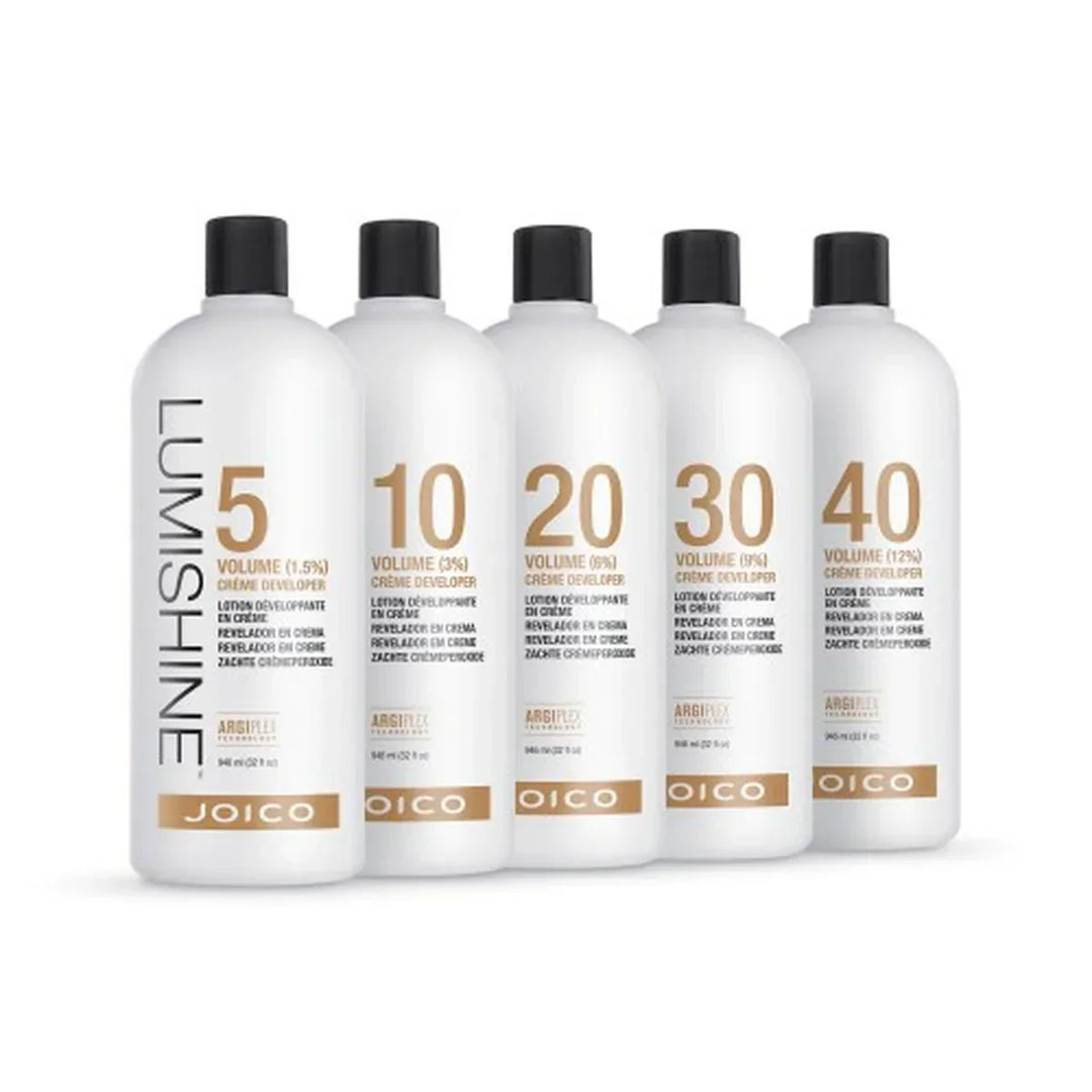 Five bottles of Joico Luminshine hair product with different volume levels on a white background.