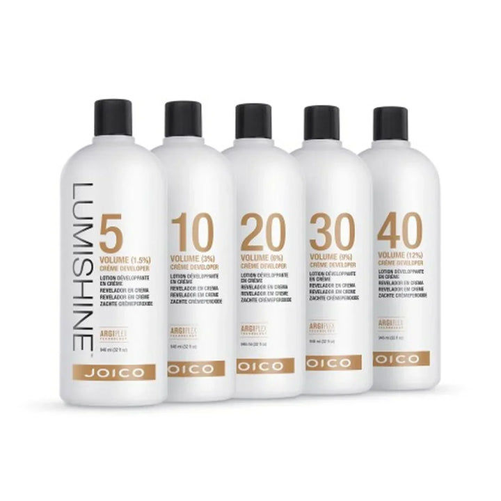 Five bottles of Joico Luminshine hair product with different volume levels on a white background.