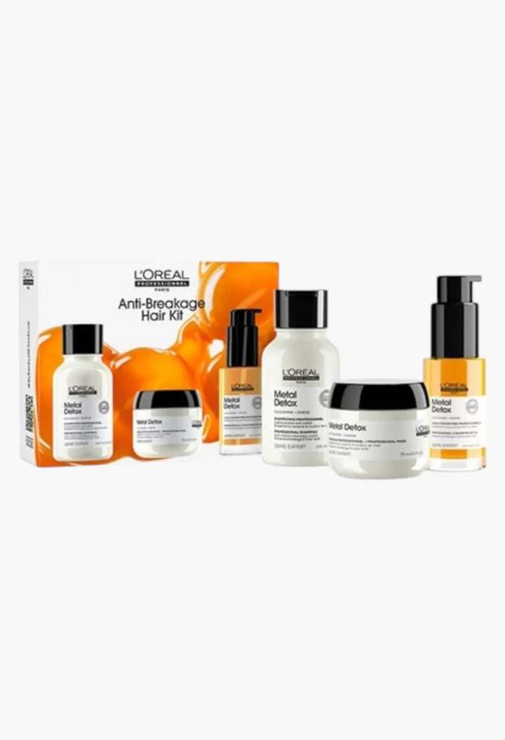 L'Oréal Paris Anti-Breastage Hair Kit featuring several hair care products including a hand cream, a hair mask, a hair oil, a hair serum, and a hair builder, displayed alongside their retail packaging on a light gray background.