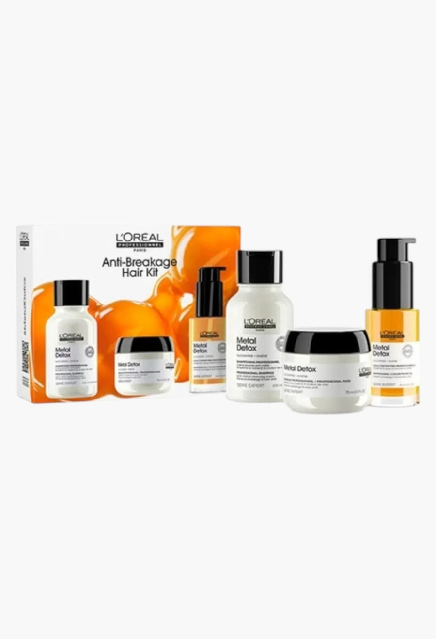 L'Oréal Paris Anti-Breastage Hair Kit featuring several hair care products including a hand cream, a hair mask, a hair oil, a hair serum, and a hair builder, displayed alongside their retail packaging on a light gray background.