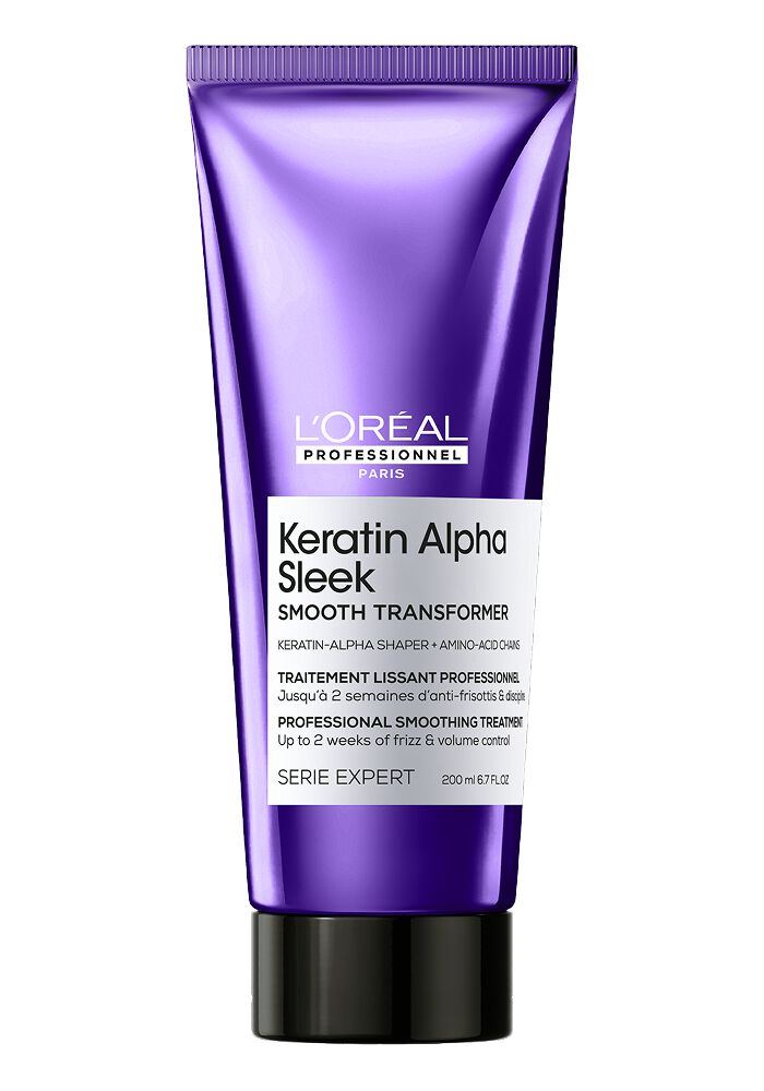 L'Oréal Professionnel Keratin Alpha Sleek Smooth Transformer hair smoothing treatment in a metallic purple squeeze tube with a black cap, shown on a plain white background.