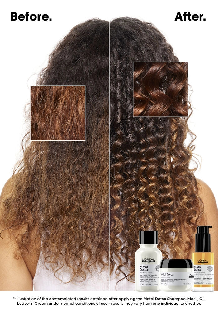 Before and after hair treatment results showing a person with long, frizzy, and dry brown hair on the left, and the same hair becoming smoother, shinier, and more curled on the right. Three hair care products are shown at the bottom against a white background.
