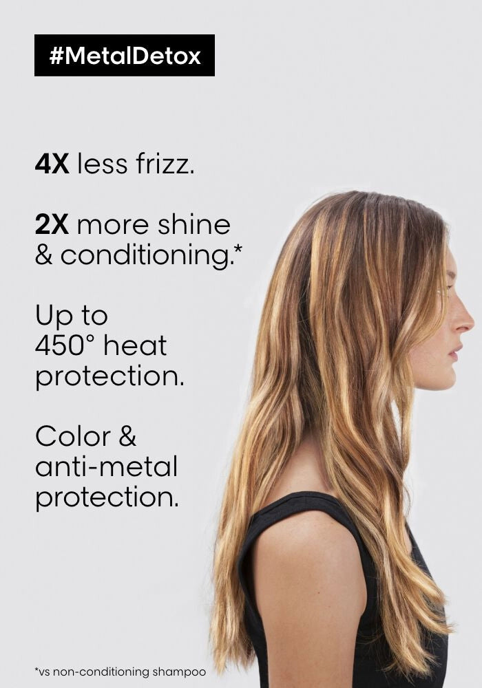 L'oreal Professional Serie Expert Metal Detox Lightweight, Concentrated Oil image of model with product benefits