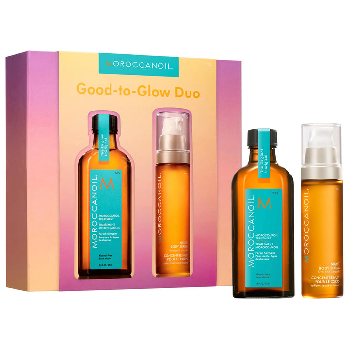 Moroccanoil Good-to-Glow Duo set with two bottles and a box on a white background