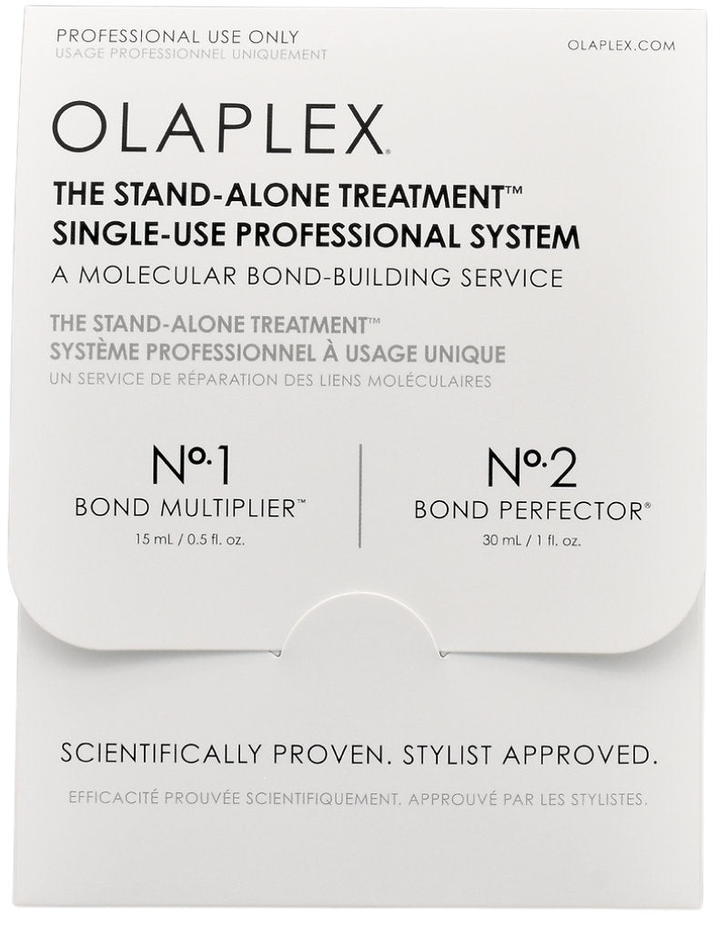 Olaplex The Stand-Alone Treatment Single-Use Professional System packaging, showing No. 1 Bond Multiplier (15 ml) and No.