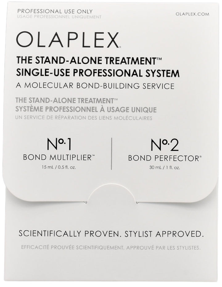 Olaplex The Stand-Alone Treatment Single-Use Professional System packaging, showing No. 1 Bond Multiplier (15 ml) and No.