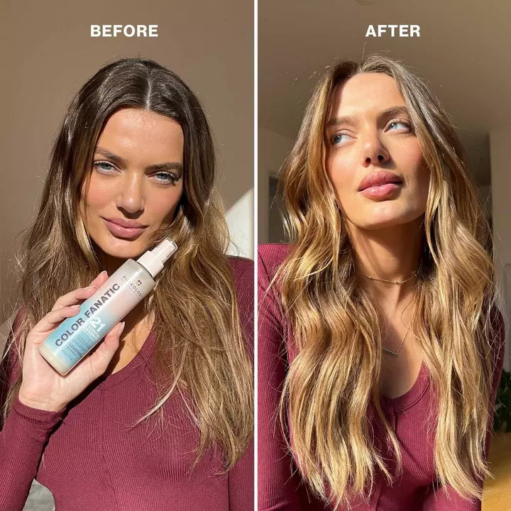 Pureology Color Fanatic Multi-tasking Leave-In Spray image of 13.5 oz bottle before and after