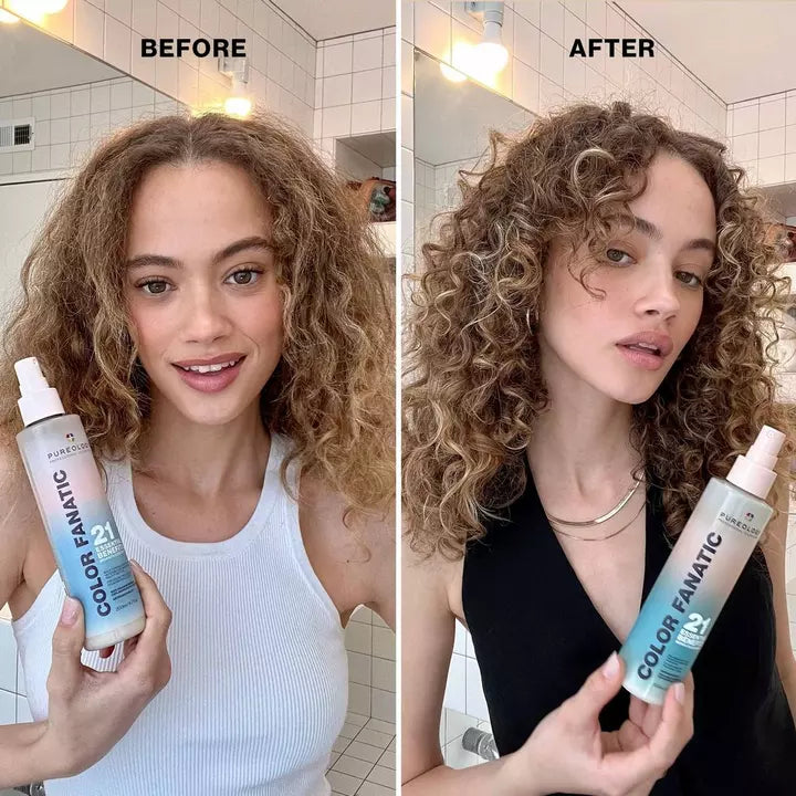Pureology Color Fanatic Multi-tasking Leave-In Spray image of 13.5 oz bottle model before after