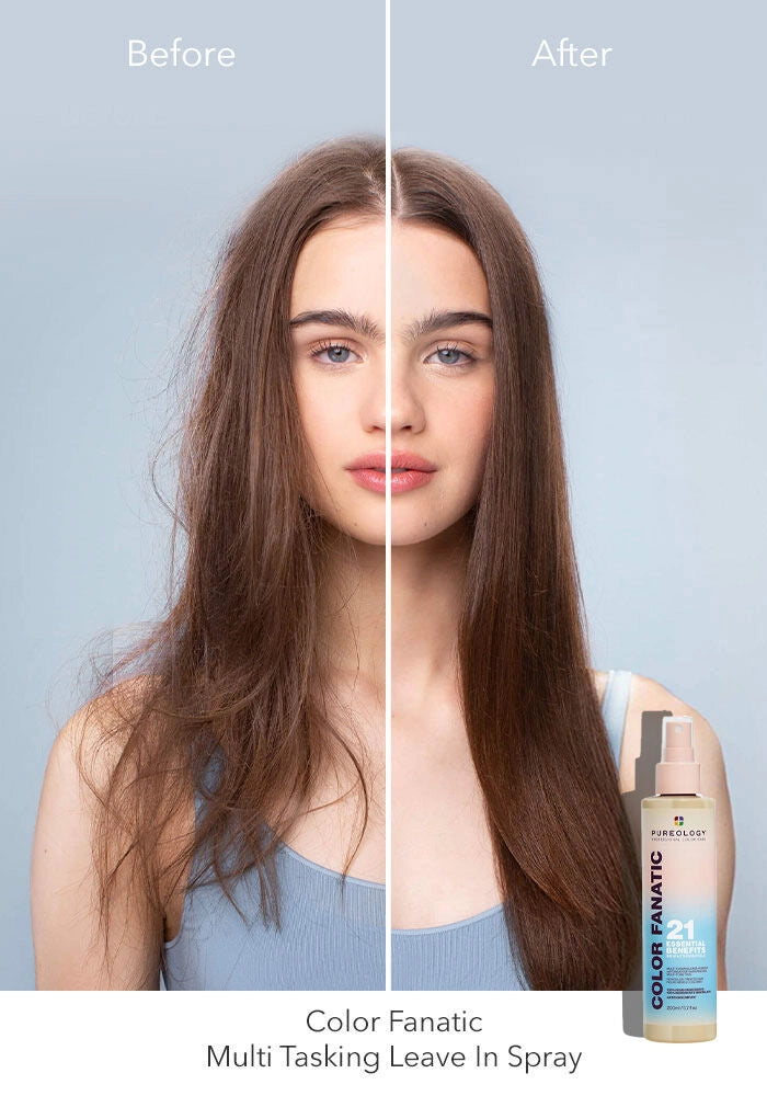 Pureology Color Fanatic Multi-tasking Leave-In Spray image of 13.5 oz bottle before and after