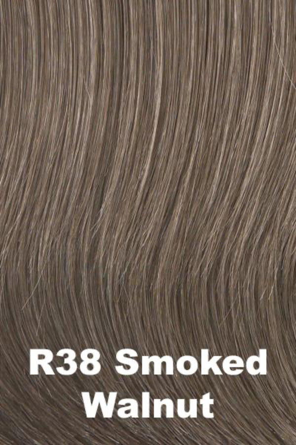Text 'R38 Smoked Walnut' on a background of wavy brown hair strands