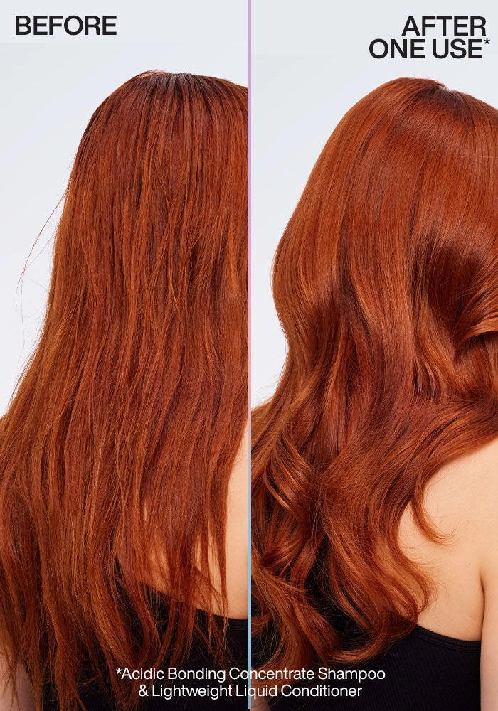 Redken Acidic Bonding Concentrate Lightweight Liquid Conditioner, Fine Hair image of model before and after straight hair