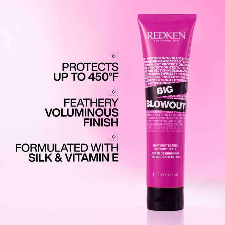 Redken Big Blowout product on a pink background with text about product features.
