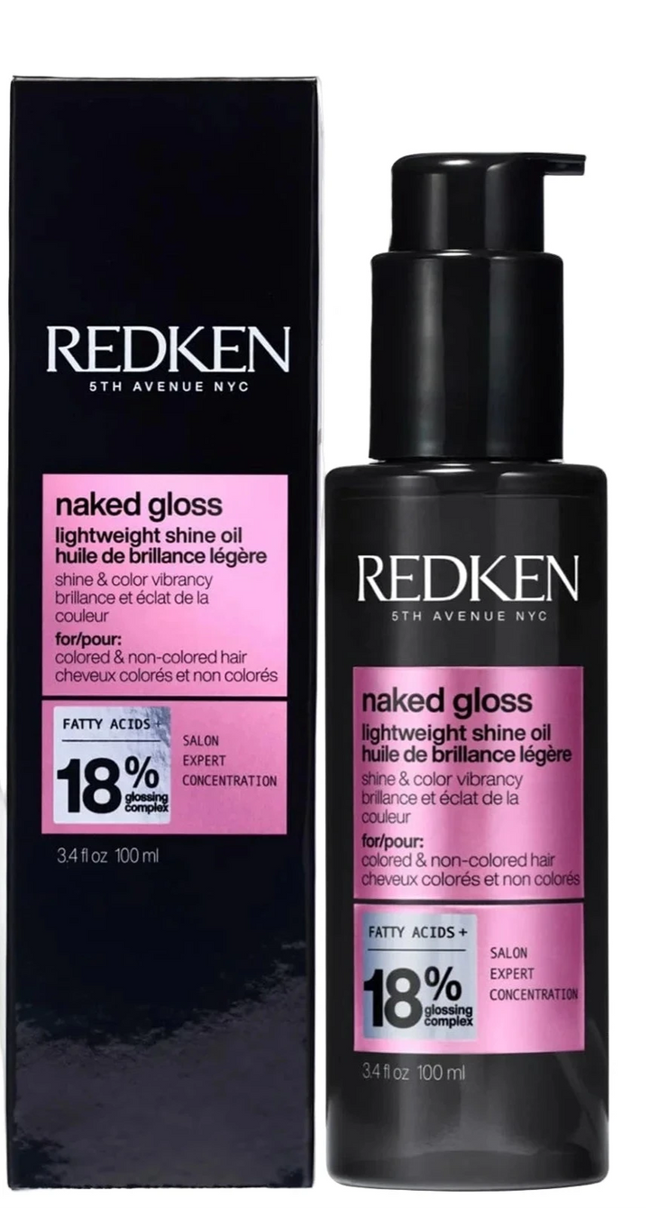 Redken naked gloss hair oil with packaging and a model with long hair.