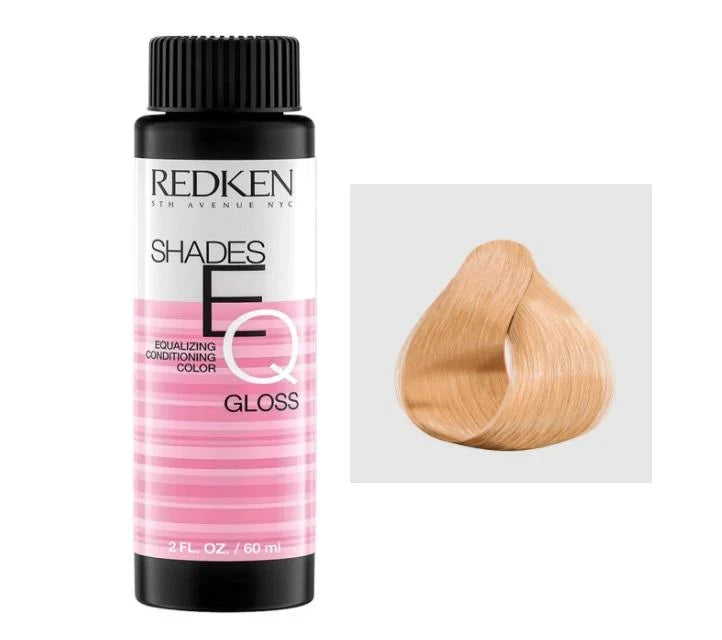 A bottle of Redken Shades EQ 9GB Buttercream Gloss hair color next to a hair swatch showing a light blonde shade, on a white background.