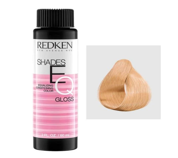 A bottle of Redken Shades EQ 9GB Buttercream Gloss hair color next to a hair swatch showing a light blonde shade, on a white background.