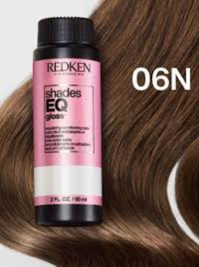 Redken Shades EQ moroccan-sand gloss tube and bottle shown beside two large hair swatches labeled 06N and 6N on a light gray background, with text listing hair type and level-lift options.