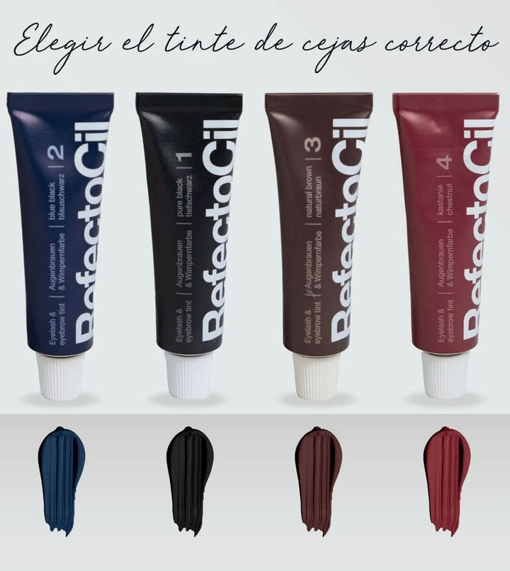 Four tubes of DefectoCil eyebrow dye with color swatches below on a white background.