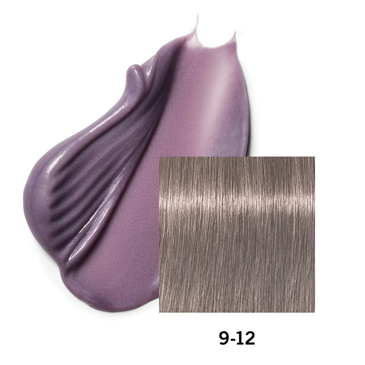 Close-up of a swatch of purple hair color with a color match on a white background