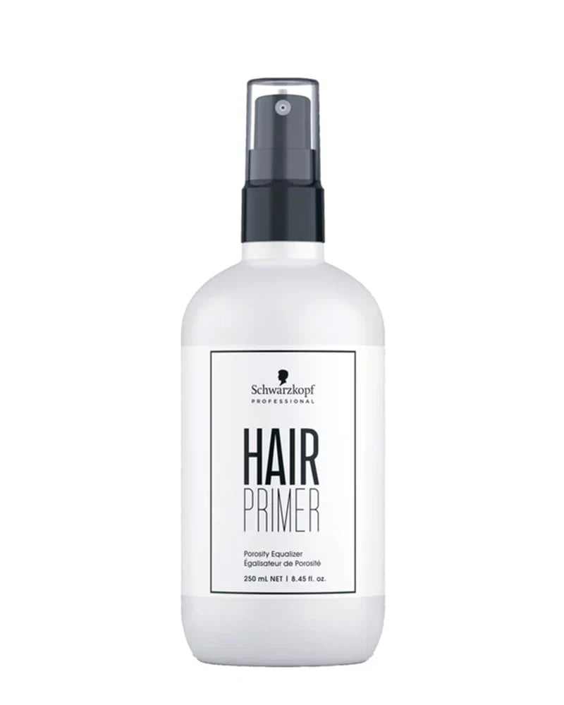 Hair primer bottle with black spray nozzle on a white background