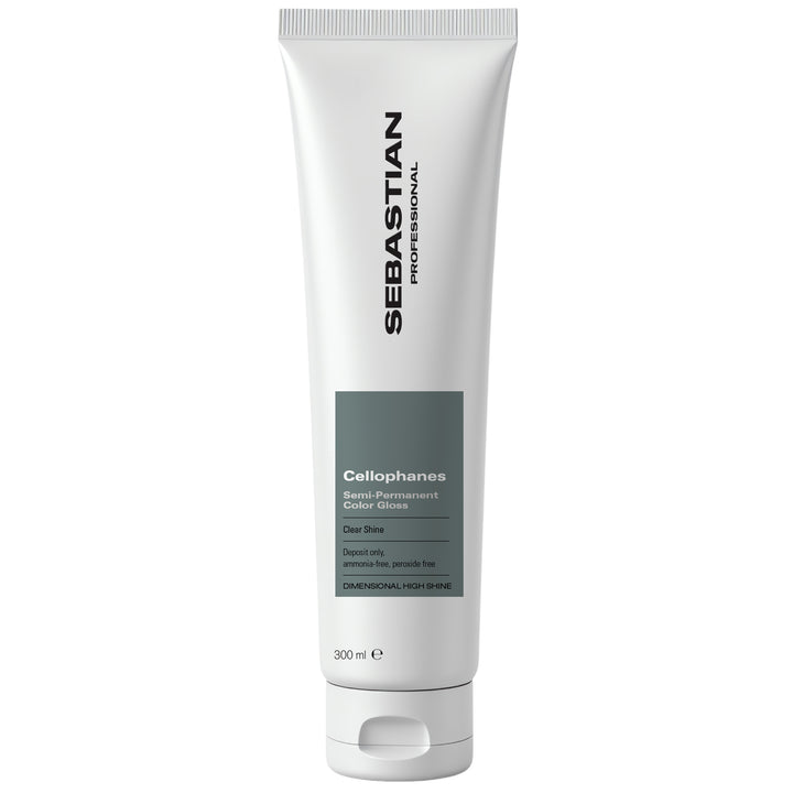 A 300 ml white squeeze tube of Sebastian Professional Cellophanes Clear Shine hair product, shown against a plain white background.