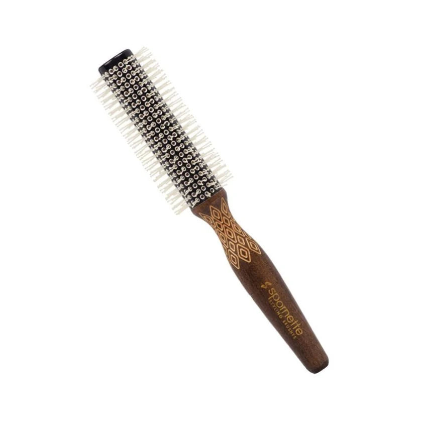 A round hairbrush with a dark brown wooden handle featuring a gold geometric pattern and the brand name 'Bopinelette' printed in gold. The bristles are white with black tips.