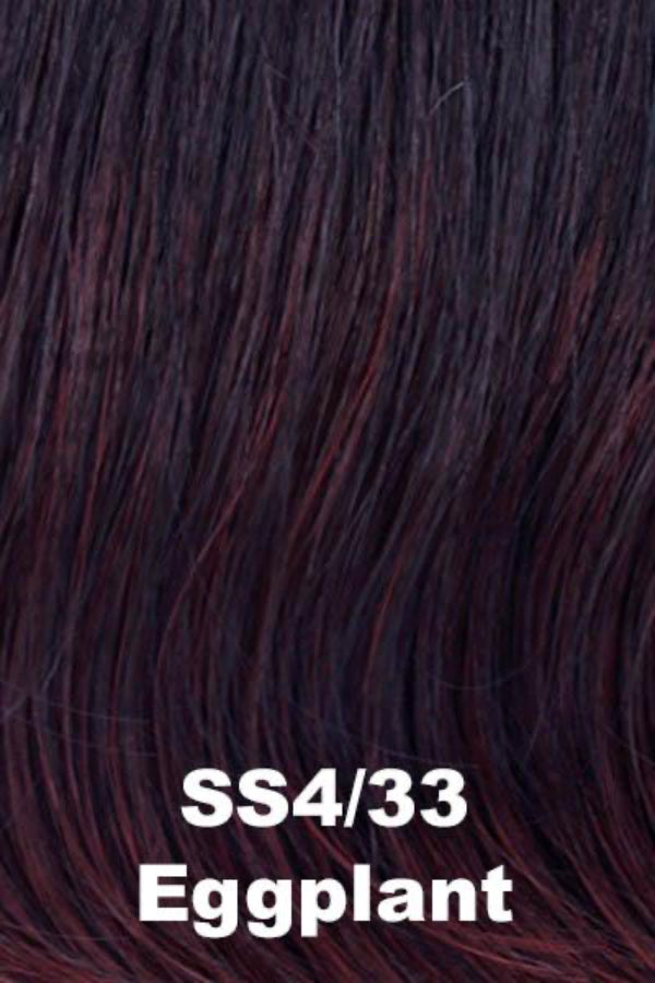 Close-up of dark hair with a color code 'SS4/33 Eggplant' displayed.
