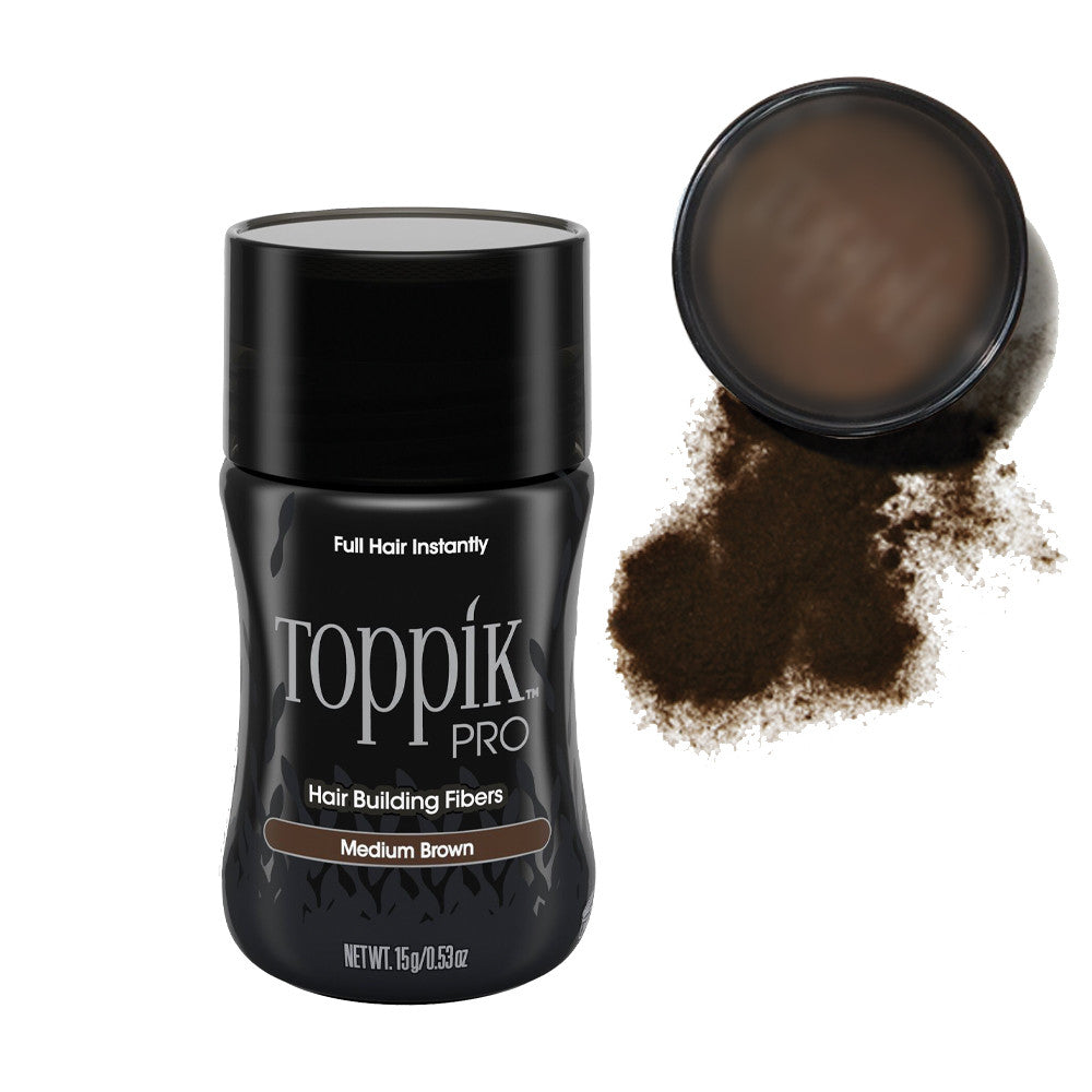 A bottle of Toppik Pro Hair Building Fibers in Medium Brown next to an open jar showing the brown powder and a pile of the fibers, on a white background.