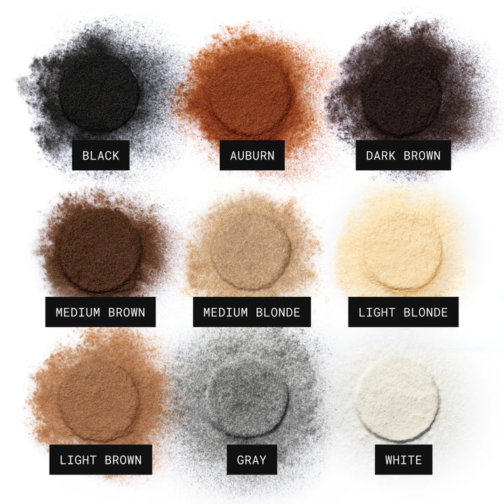 Nine powder color swatches arranged in a 3x3 grid on a white background, each labeled with its shade name: Black, Auburn, Dark Brown, Medium Brown, Medium Blonde, Light Blonde, Light Brown, Gray, and White. The image functions as a color-options reference rather than a standalone product shot.