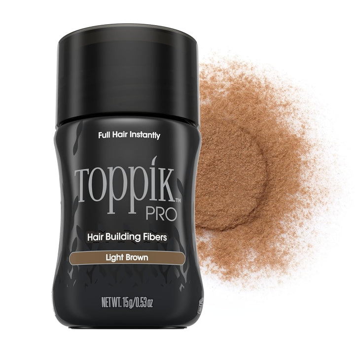 A black bottle of Toppik Pro Hair Building Fibers in the shade Light Brown, shown next to a circular swatch of the light brown powder on a white background.