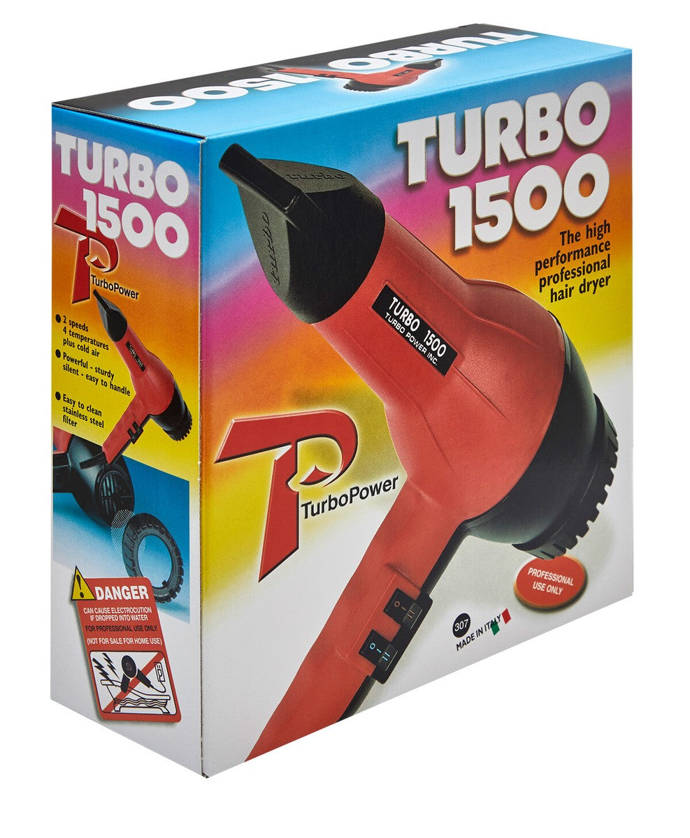 TurboPower Turbo 1500 professional hair dryer retail packaging box, featuring a red and black hair dryer illustration on a colorful gradient background.
