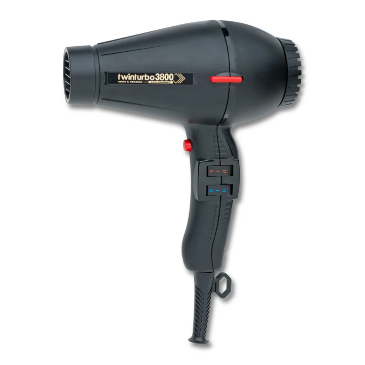 A black hair dryer with gold and white 'i winturbo 3800' branding, featuring red power buttons, shown against a plain white background.