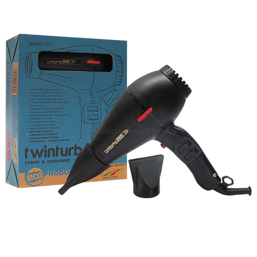 A twinfurbion 3000 hair dryer in matte black with a red power button, shown next to its blue and orange retail packaging box and a black stand, on a white background.