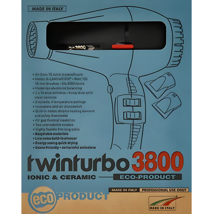 Twinturbo 3800 Eco-Product electric brushless blower packaging card, featuring a blue background with a black line drawing of the blower, product specifications in Italian, and a beige bottom section with eco-product branding.